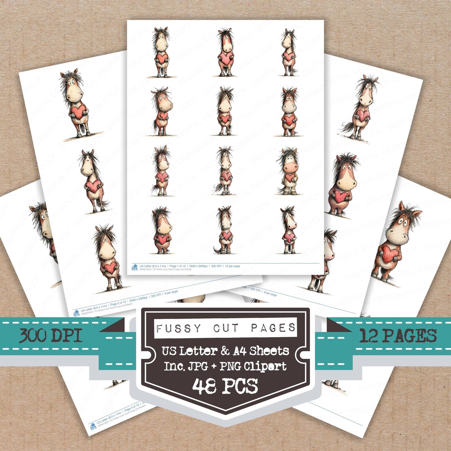 Horse Love Heart fussy cut printable sheets for junk journaling, scrapbooking, and paper craft projects