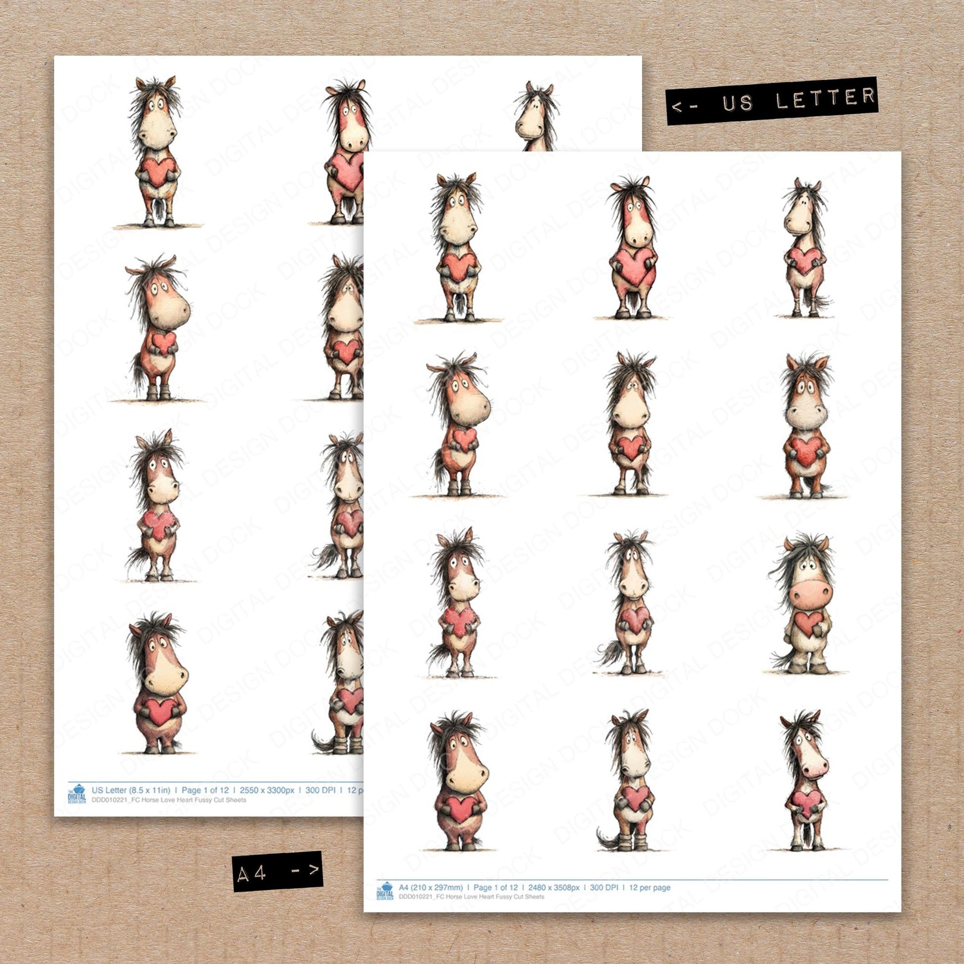 A4 and US Letter format comparison showing Horse Love Heart fussy cut pages for print and cut crafting