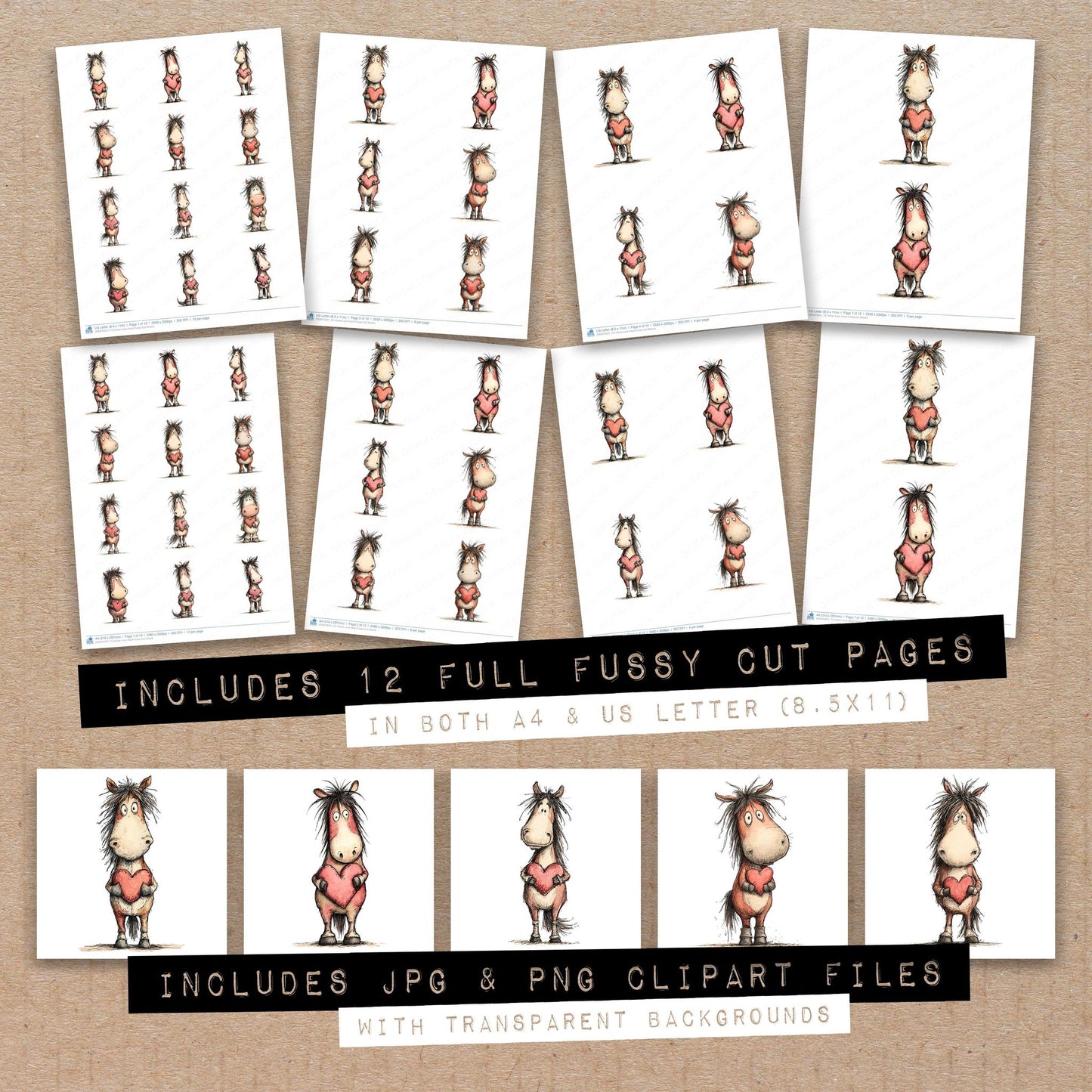 Full collection view of Horse Love Heart fussy cut sheets with bonus clipart JPG and PNG files