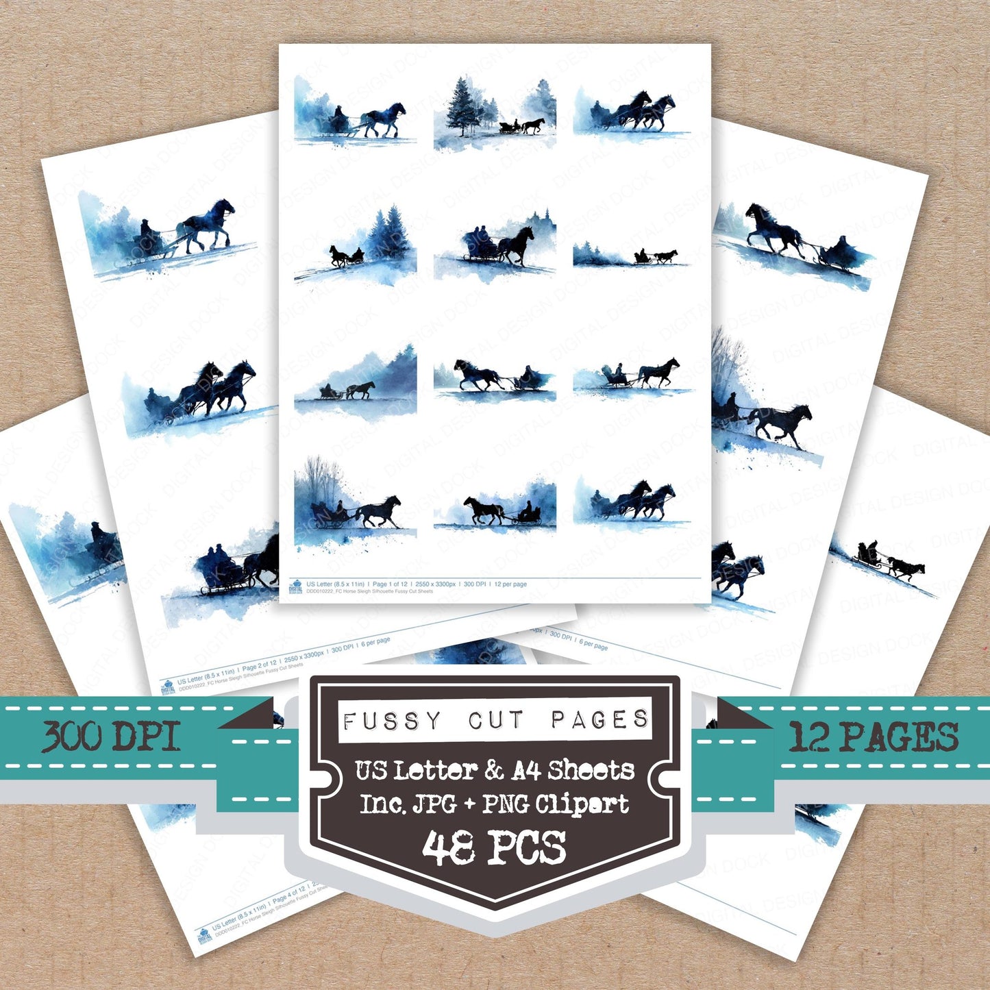 Horse Sleigh Silhouette fussy cut printable sheets for junk journaling, scrapbooking, and paper craft projects