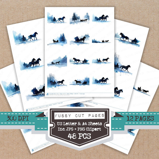 Horse Sleigh Silhouette fussy cut printable sheets for junk journaling, scrapbooking, and paper craft projects