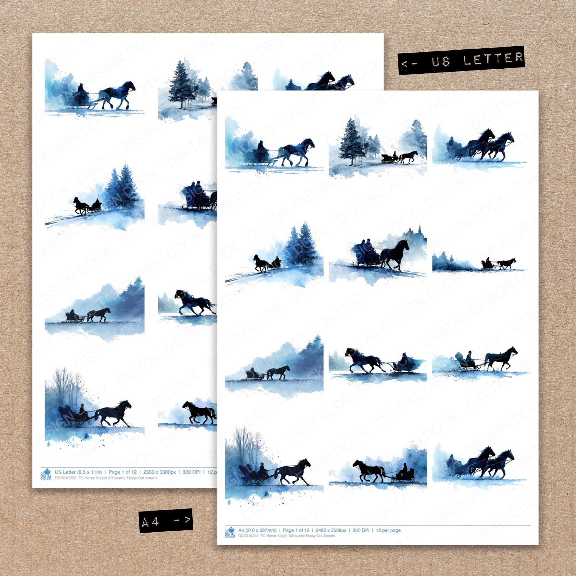 A4 and US Letter format comparison showing Horse Sleigh Silhouette fussy cut pages for print and cut crafting