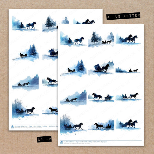A4 and US Letter format comparison showing Horse Sleigh Silhouette fussy cut pages for print and cut crafting