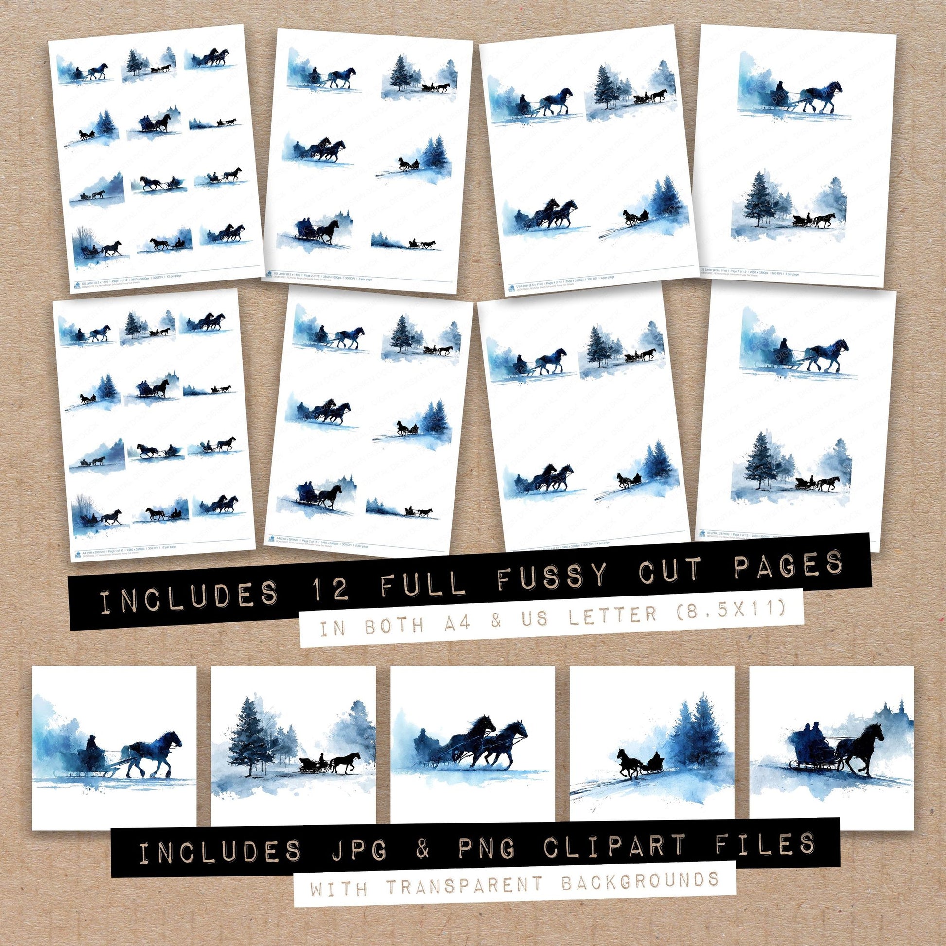 Full collection view of Horse Sleigh Silhouette fussy cut sheets with bonus clipart JPG and PNG files