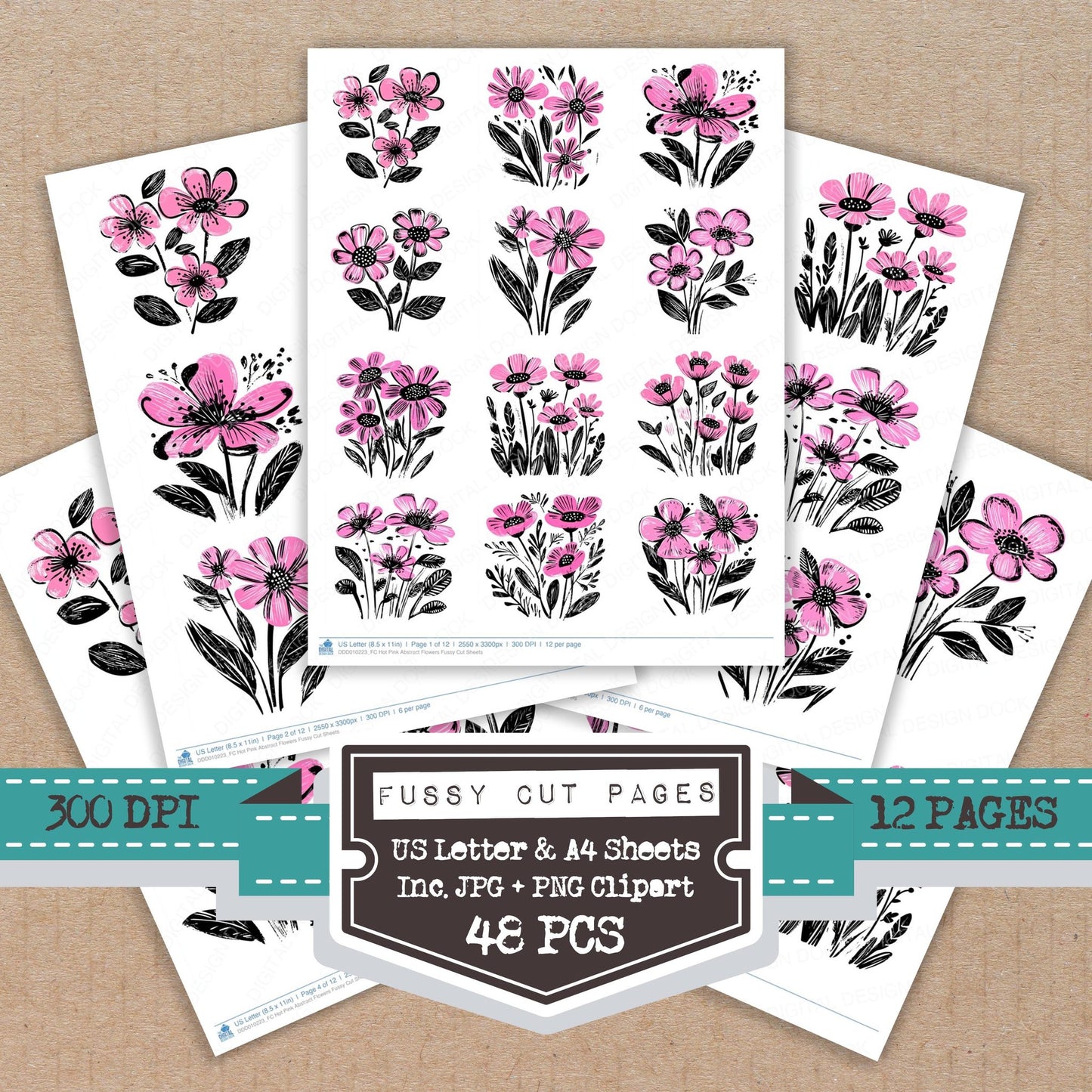 Hot Pink Abstract Flowers fussy cut printable sheets for junk journaling, scrapbooking, and paper craft projects