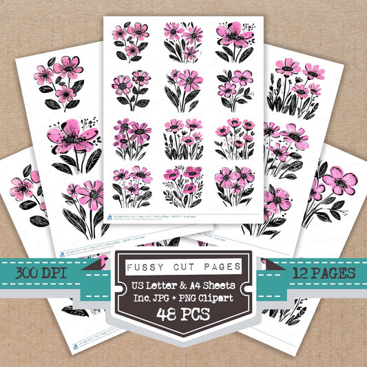 Hot Pink Abstract Flowers fussy cut printable sheets for junk journaling, scrapbooking, and paper craft projects
