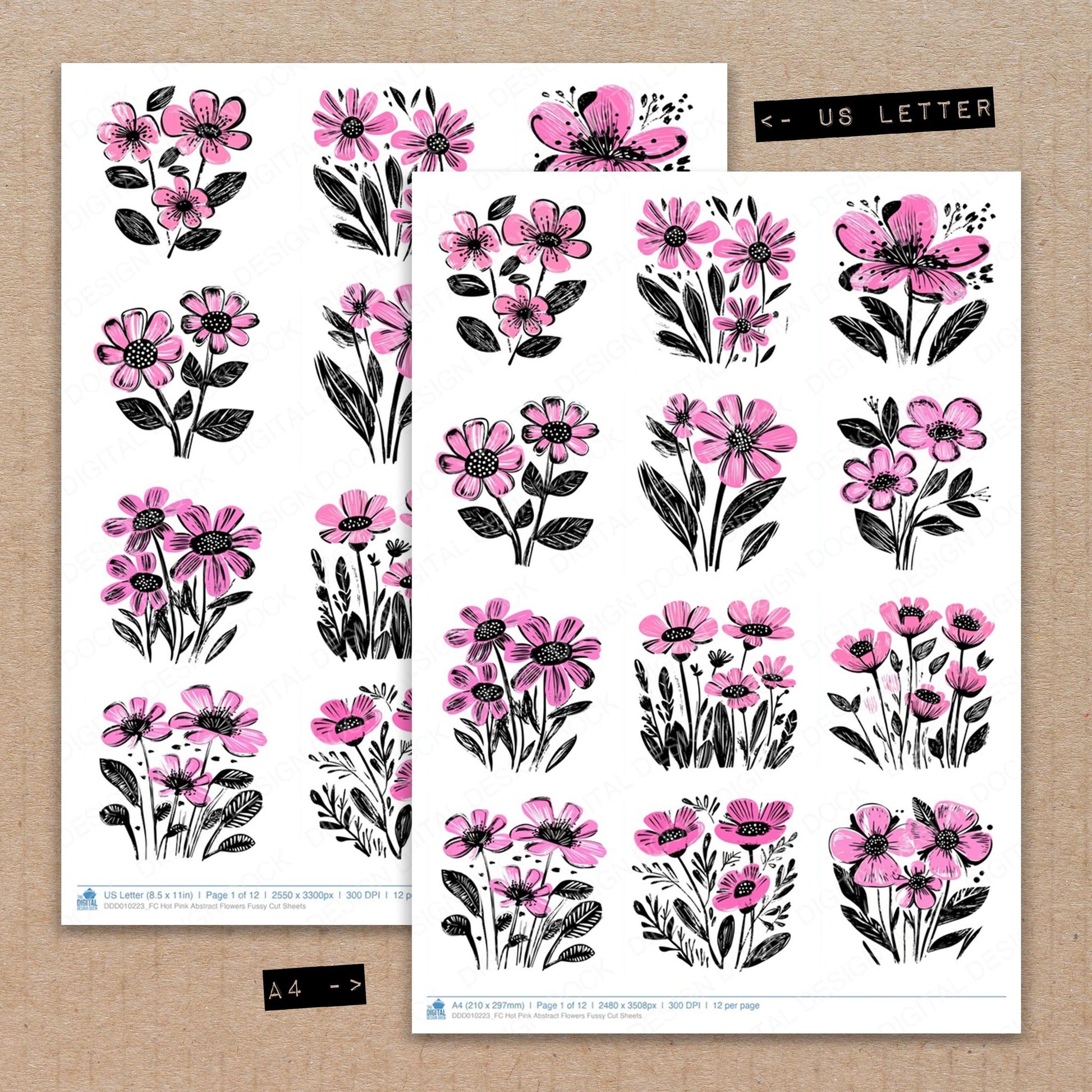 A4 and US Letter format comparison showing Hot Pink Abstract Flowers fussy cut pages for print and cut crafting