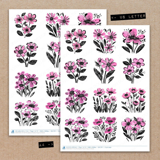 A4 and US Letter format comparison showing Hot Pink Abstract Flowers fussy cut pages for print and cut crafting