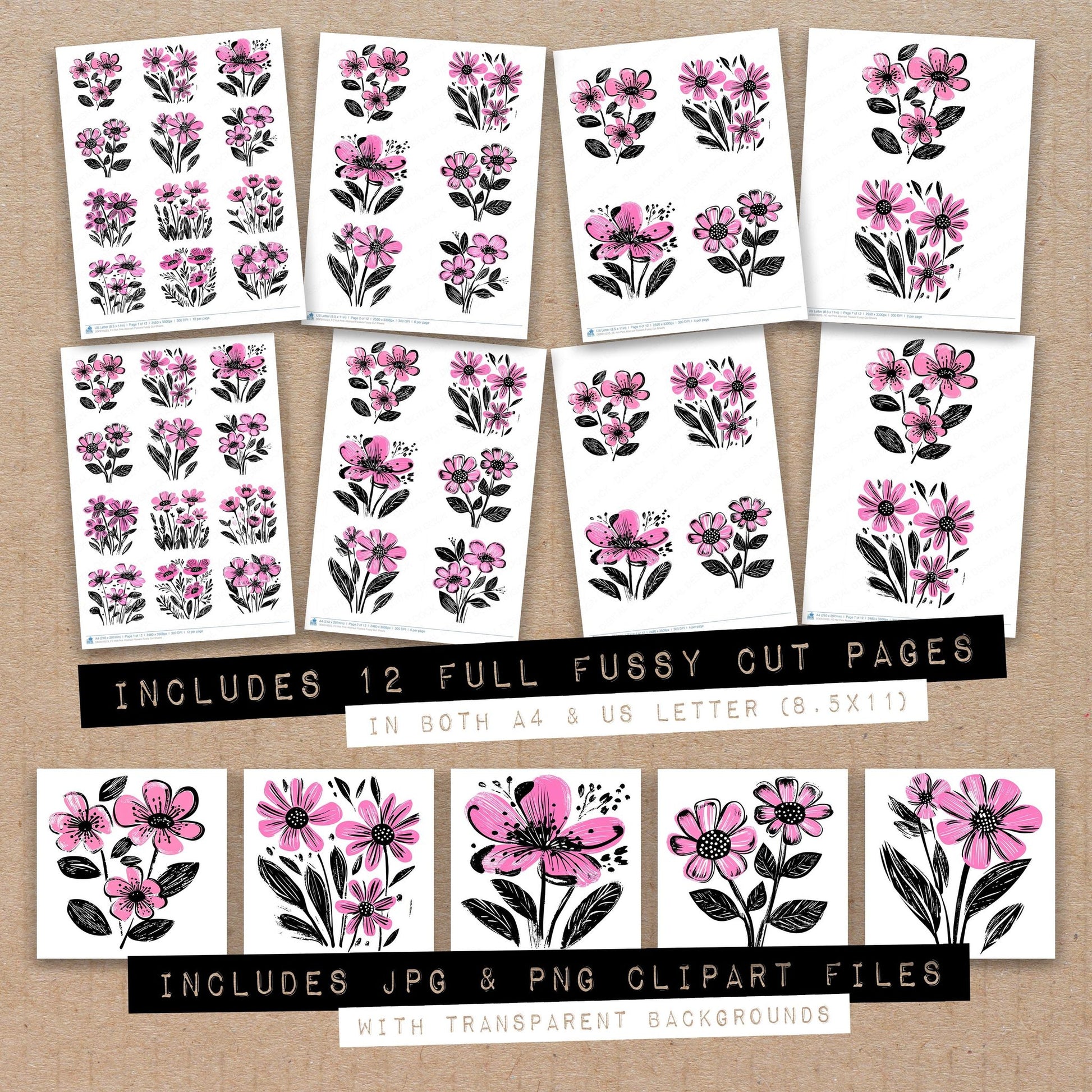 Full collection view of Hot Pink Abstract Flowers fussy cut sheets with bonus clipart JPG and PNG files