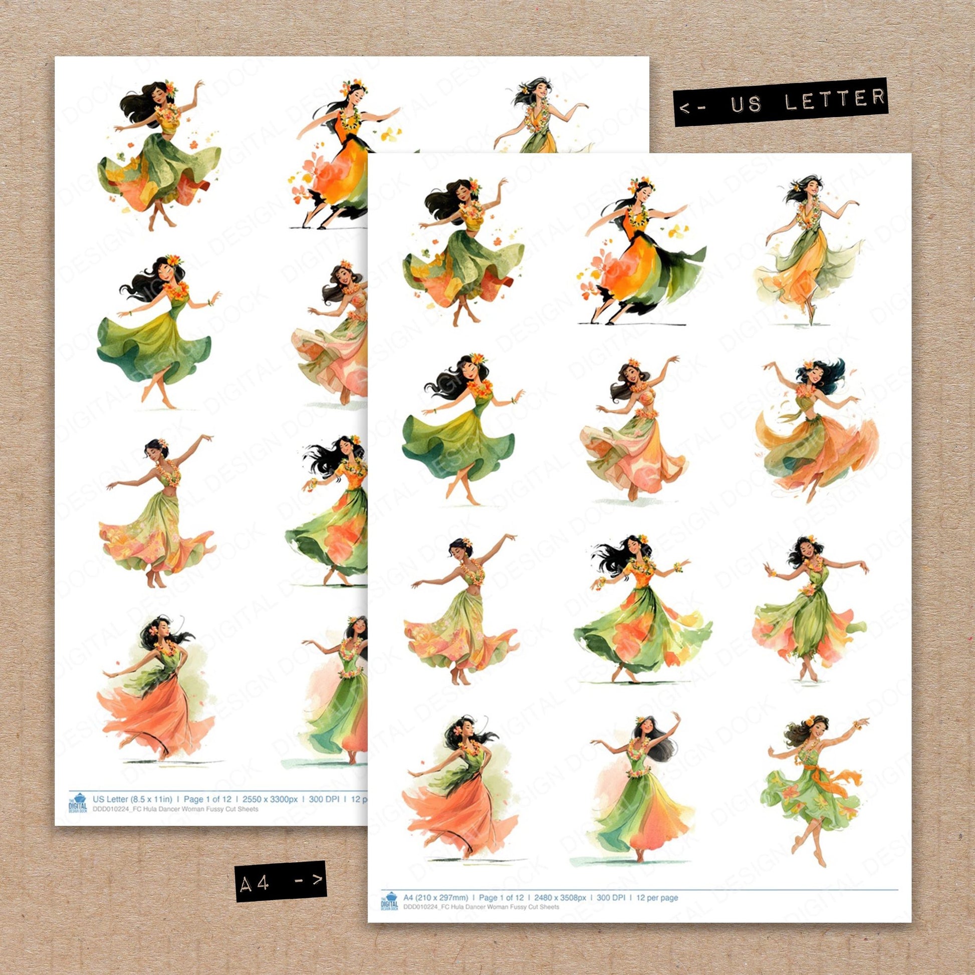 A4 and US Letter format comparison showing Hula Dancer Woman fussy cut pages for print and cut crafting