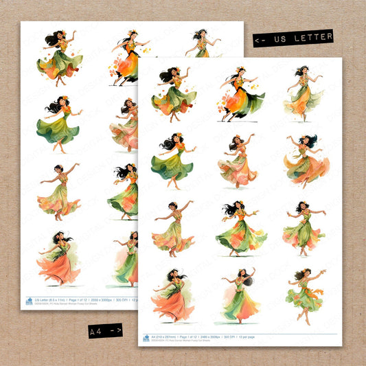 A4 and US Letter format comparison showing Hula Dancer Woman fussy cut pages for print and cut crafting