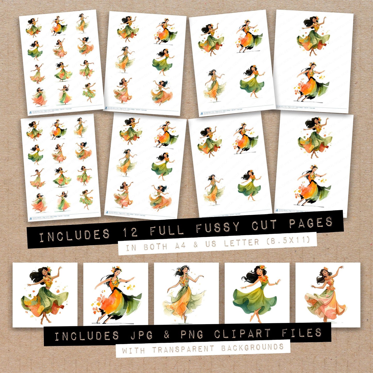 Full collection view of Hula Dancer Woman fussy cut sheets with bonus clipart JPG and PNG files