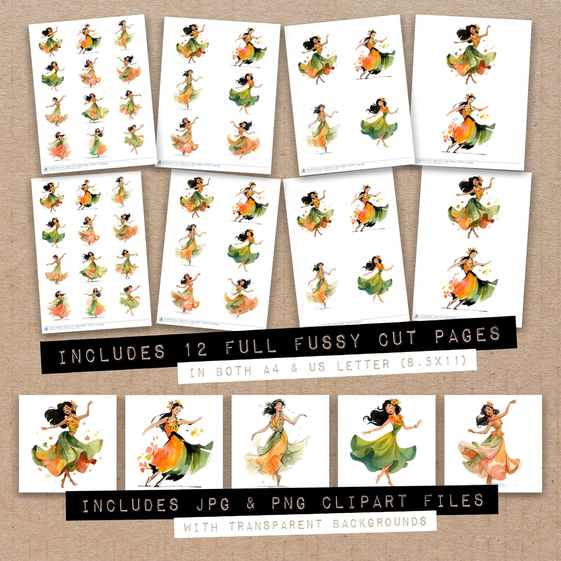 Full collection view of Hula Dancer Woman fussy cut sheets with bonus clipart JPG and PNG files
