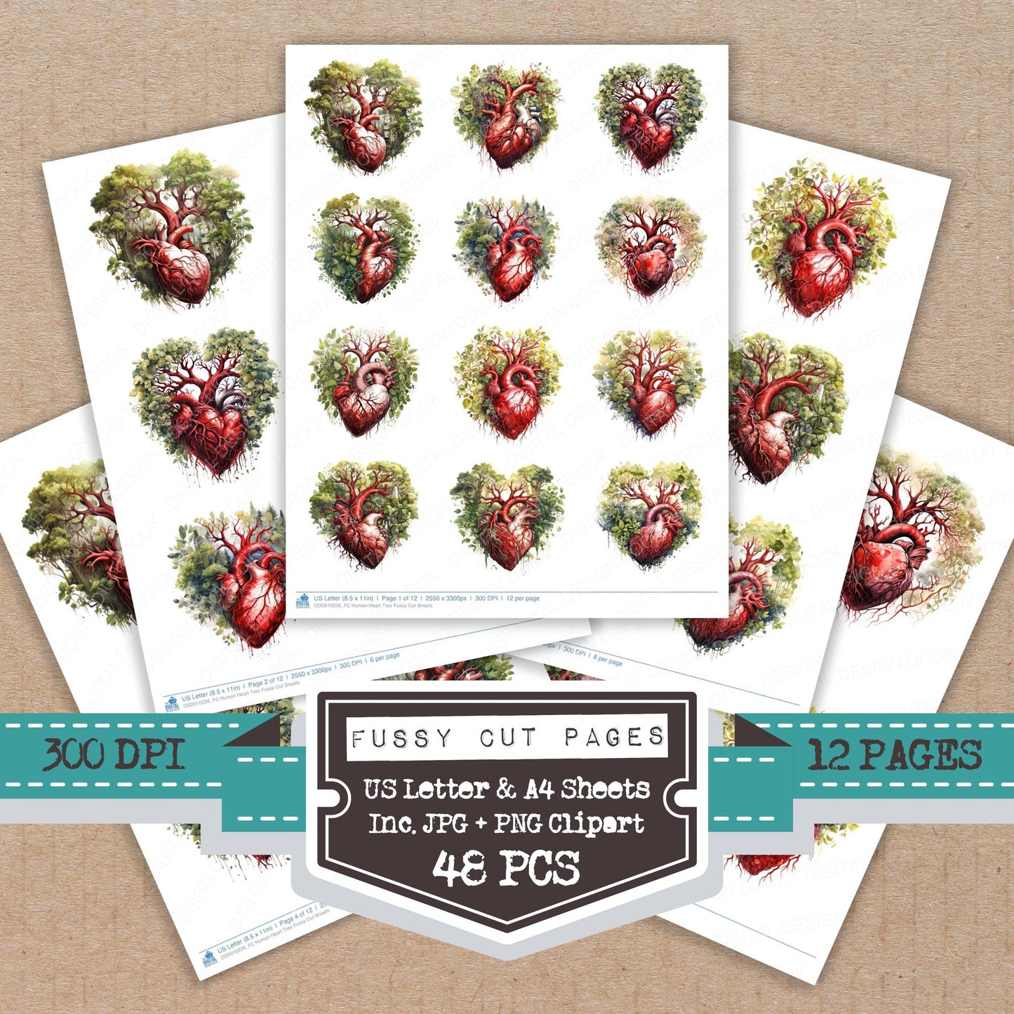 Human Heart Tree fussy cut printable sheets for junk journaling, scrapbooking, and paper craft projects