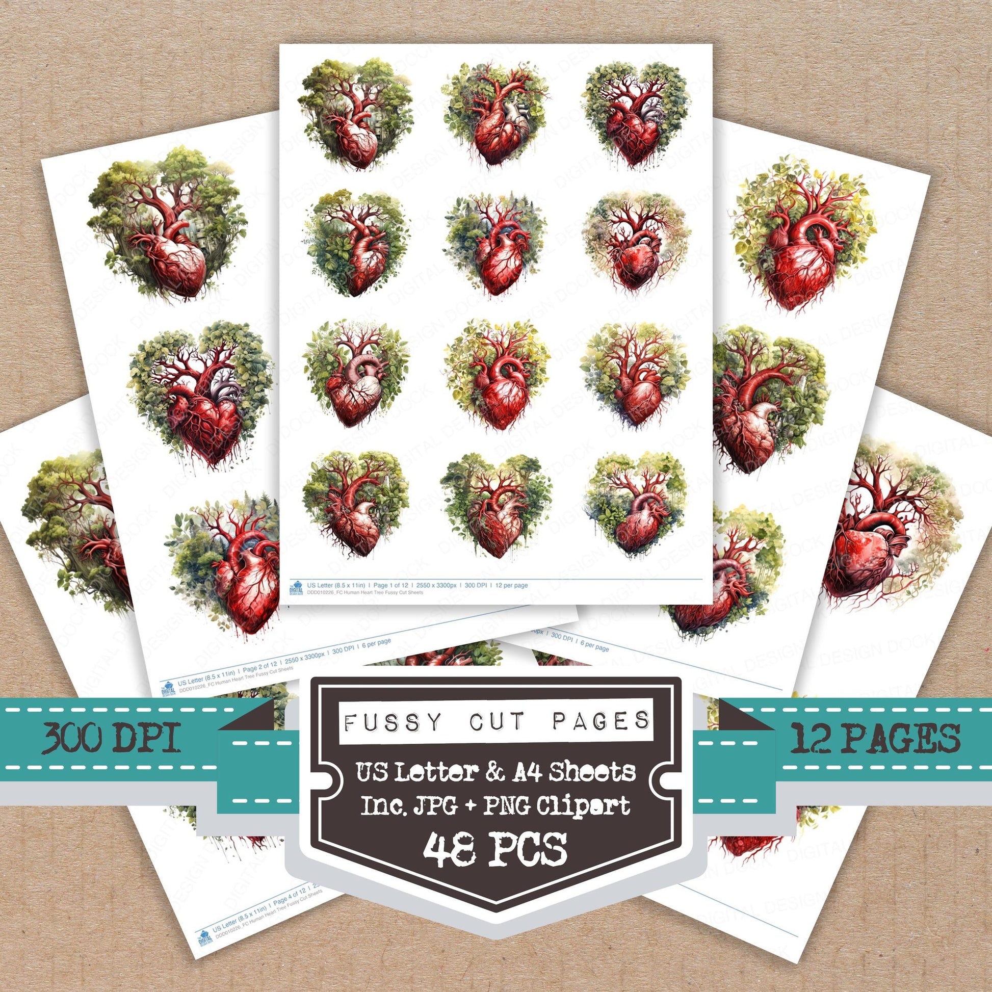 Human Heart Tree fussy cut printable sheets for junk journaling, scrapbooking, and paper craft projects