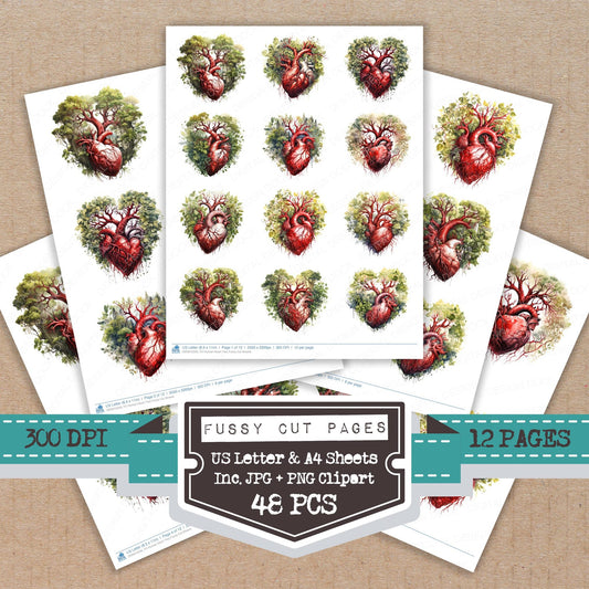 Human Heart Tree fussy cut printable sheets for junk journaling, scrapbooking, and paper craft projects