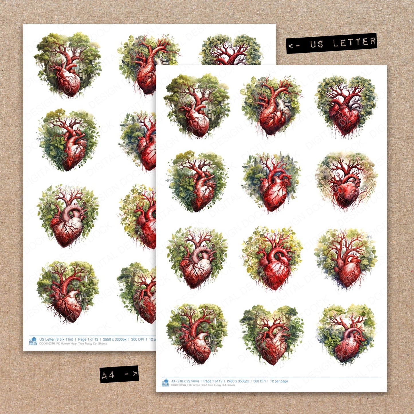 A4 and US Letter format comparison showing Human Heart Tree fussy cut pages for print and cut crafting