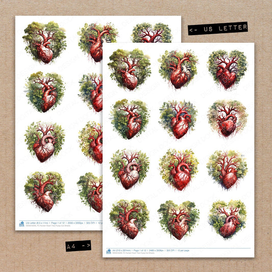 A4 and US Letter format comparison showing Human Heart Tree fussy cut pages for print and cut crafting