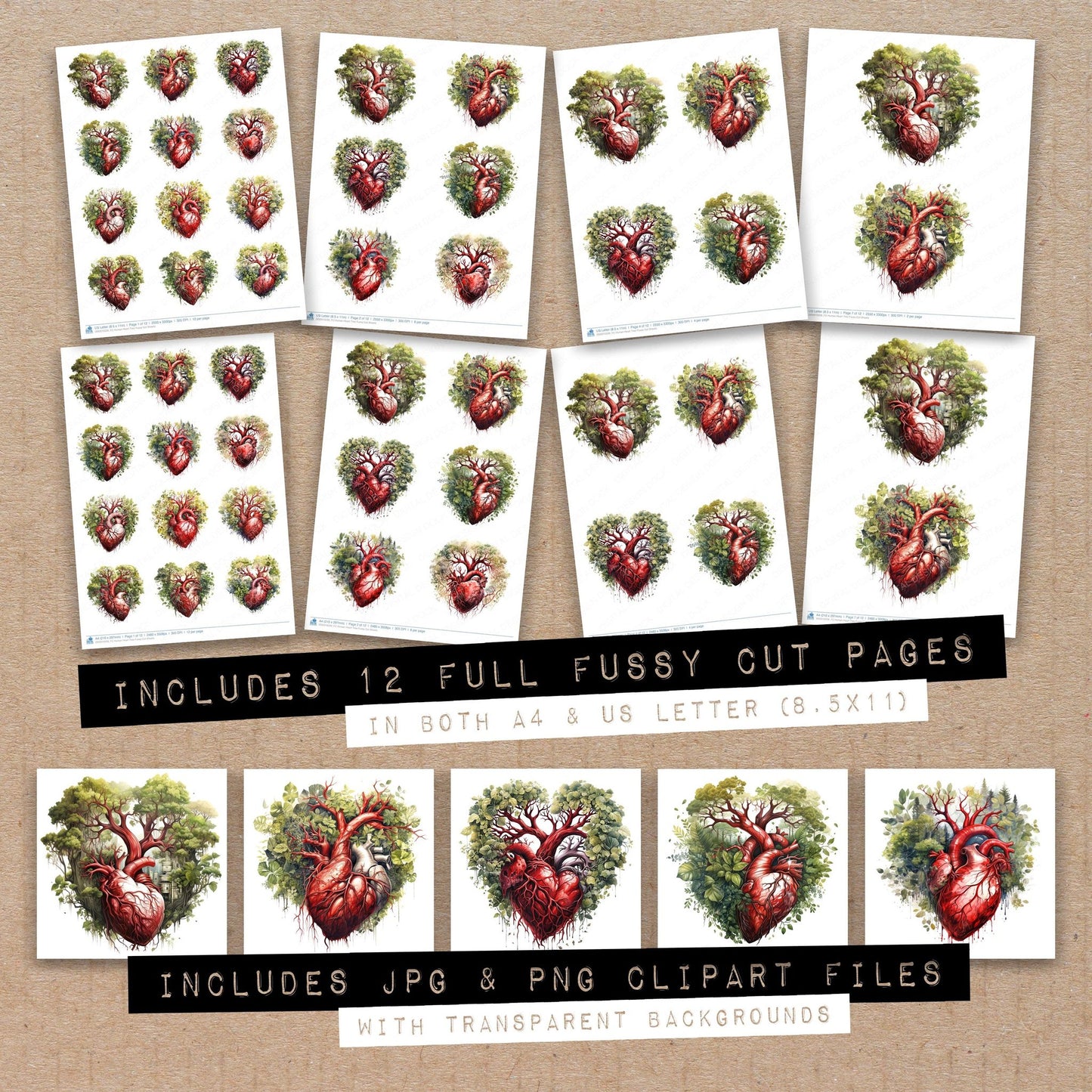 Full collection view of Human Heart Tree fussy cut sheets with bonus clipart JPG and PNG files