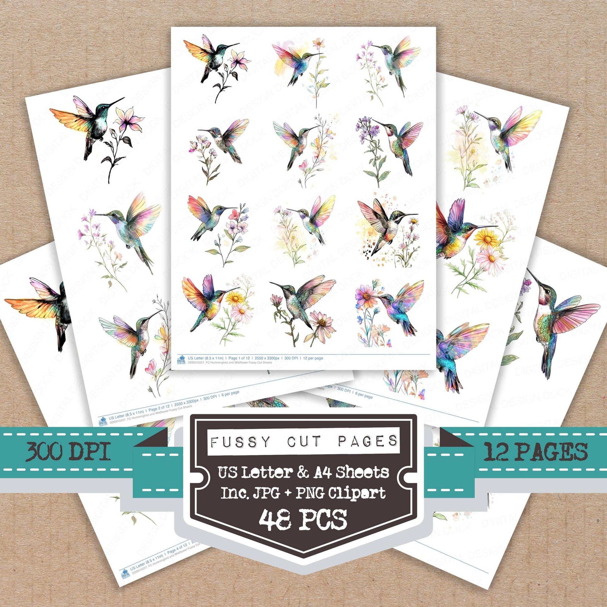 Hummingbird and Wildflower fussy cut printable sheets for junk journaling, scrapbooking, and paper craft projects