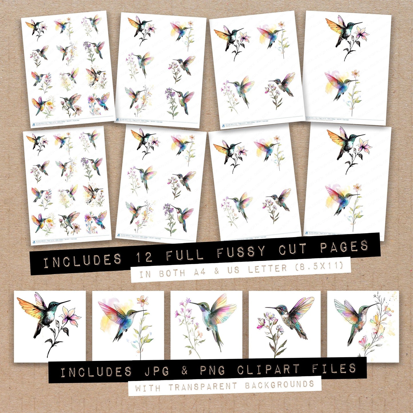 Full collection view of Hummingbird and Wildflower fussy cut sheets with bonus clipart JPG and PNG files