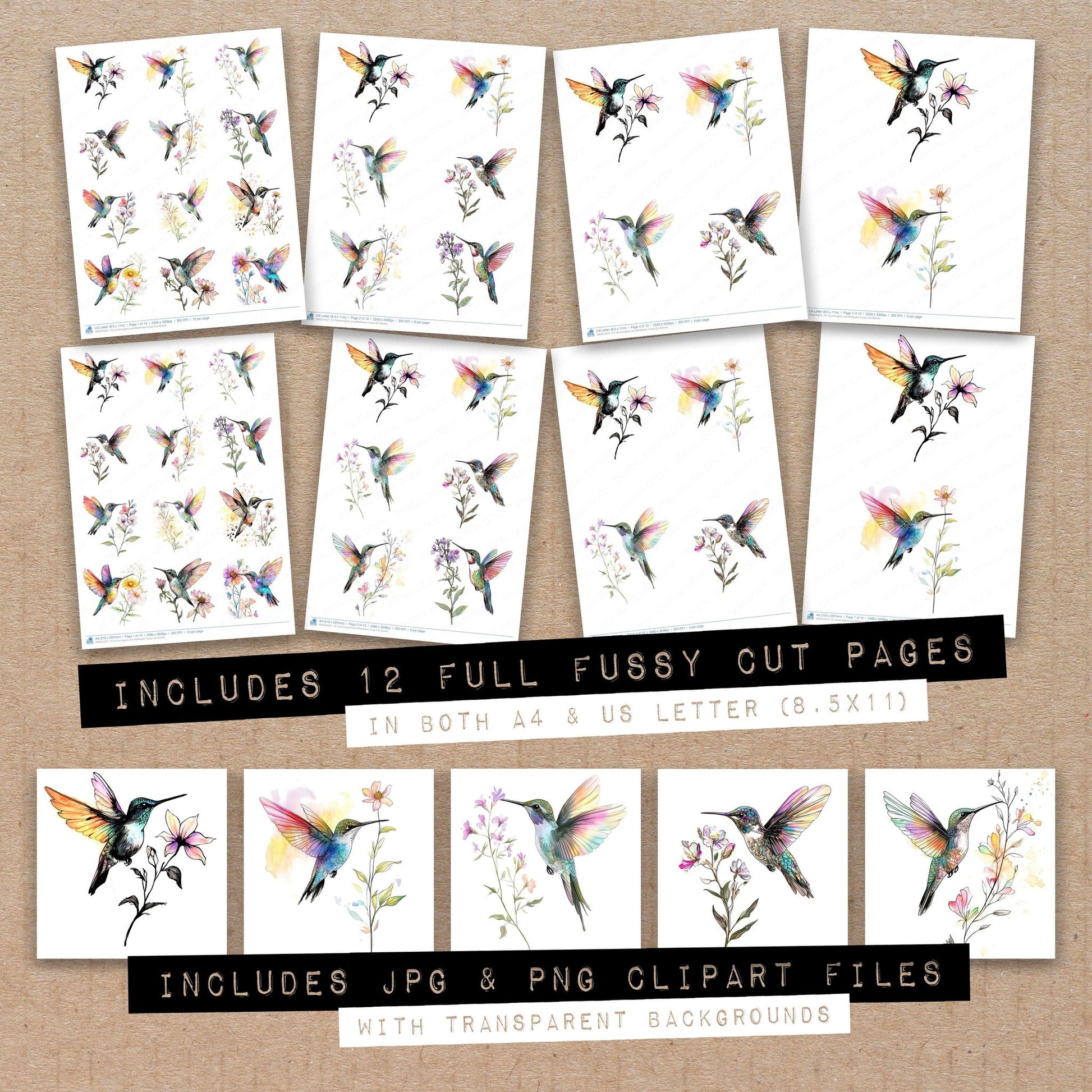 Full collection view of Hummingbird and Wildflower fussy cut sheets with bonus clipart JPG and PNG files