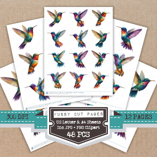 Hummingbird Illustration fussy cut printable sheets for junk journaling, scrapbooking, and paper craft projects