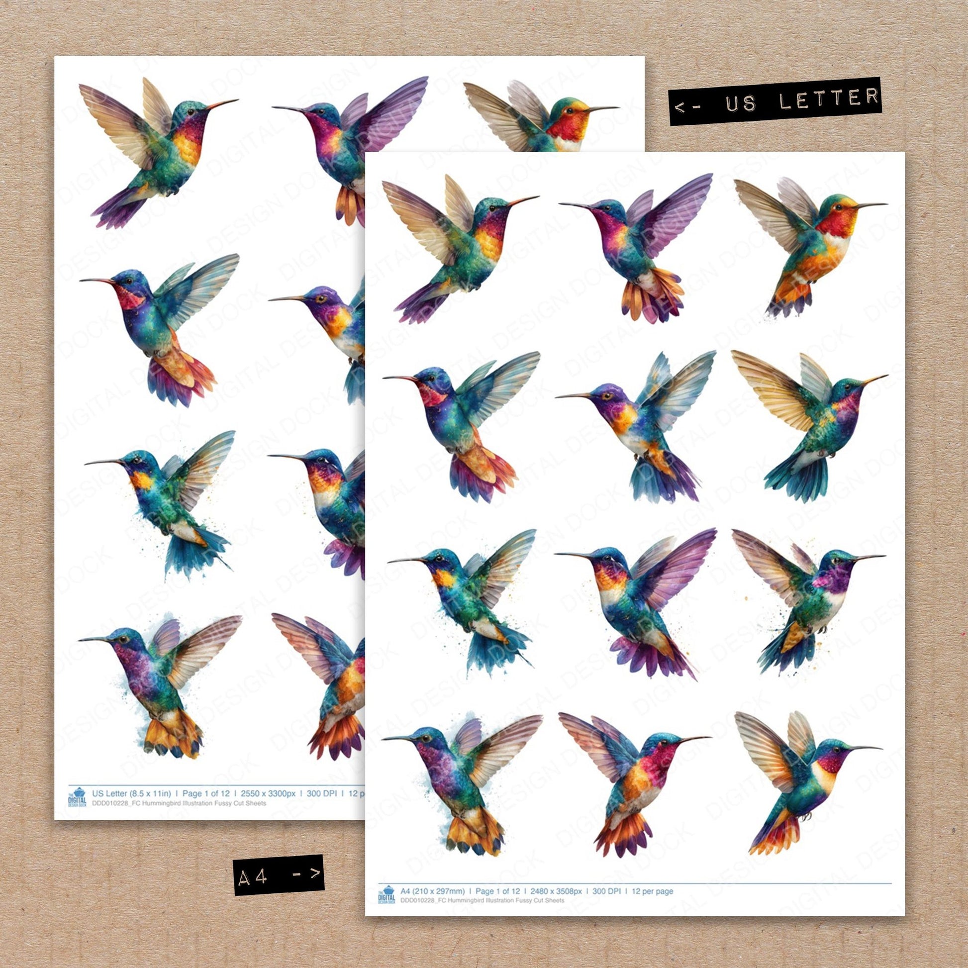 A4 and US Letter format comparison showing Hummingbird Illustration fussy cut pages for print and cut crafting