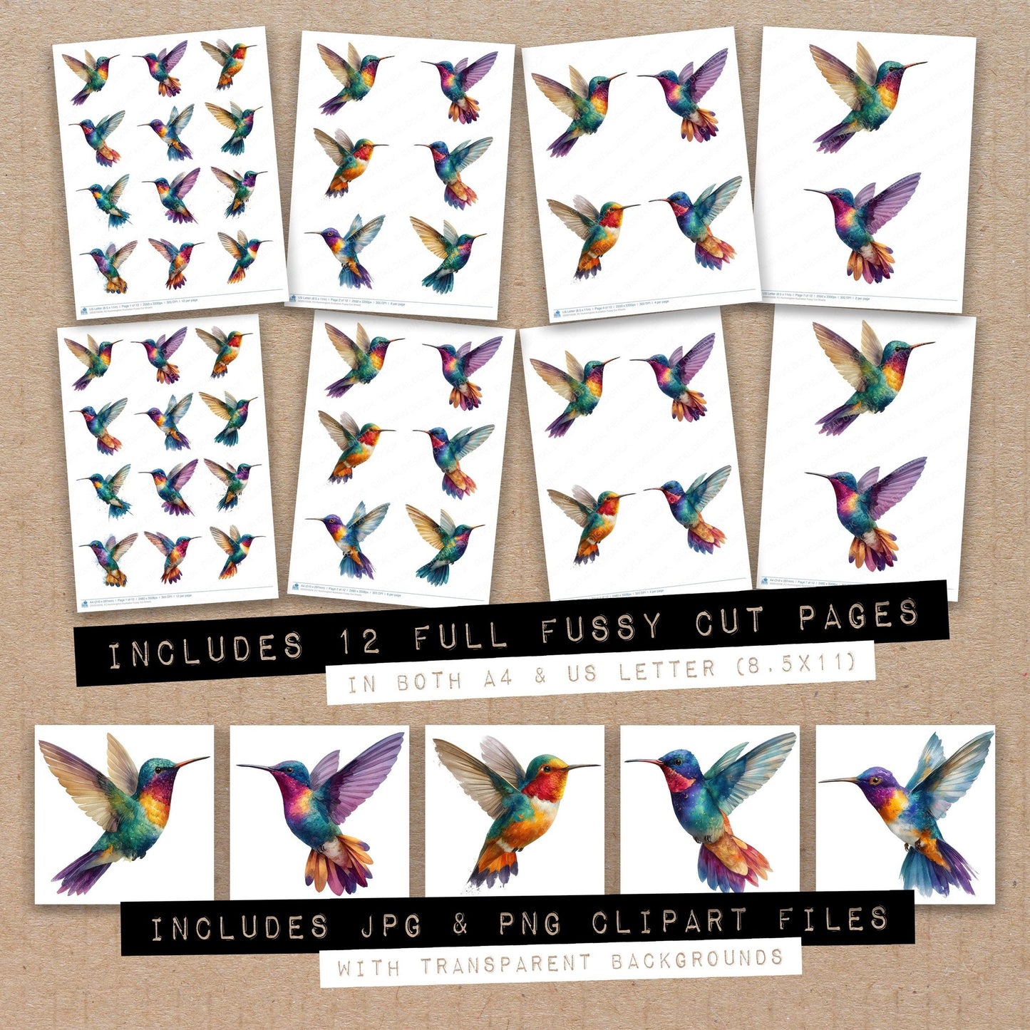 Full collection view of Hummingbird Illustration fussy cut sheets with bonus clipart JPG and PNG files