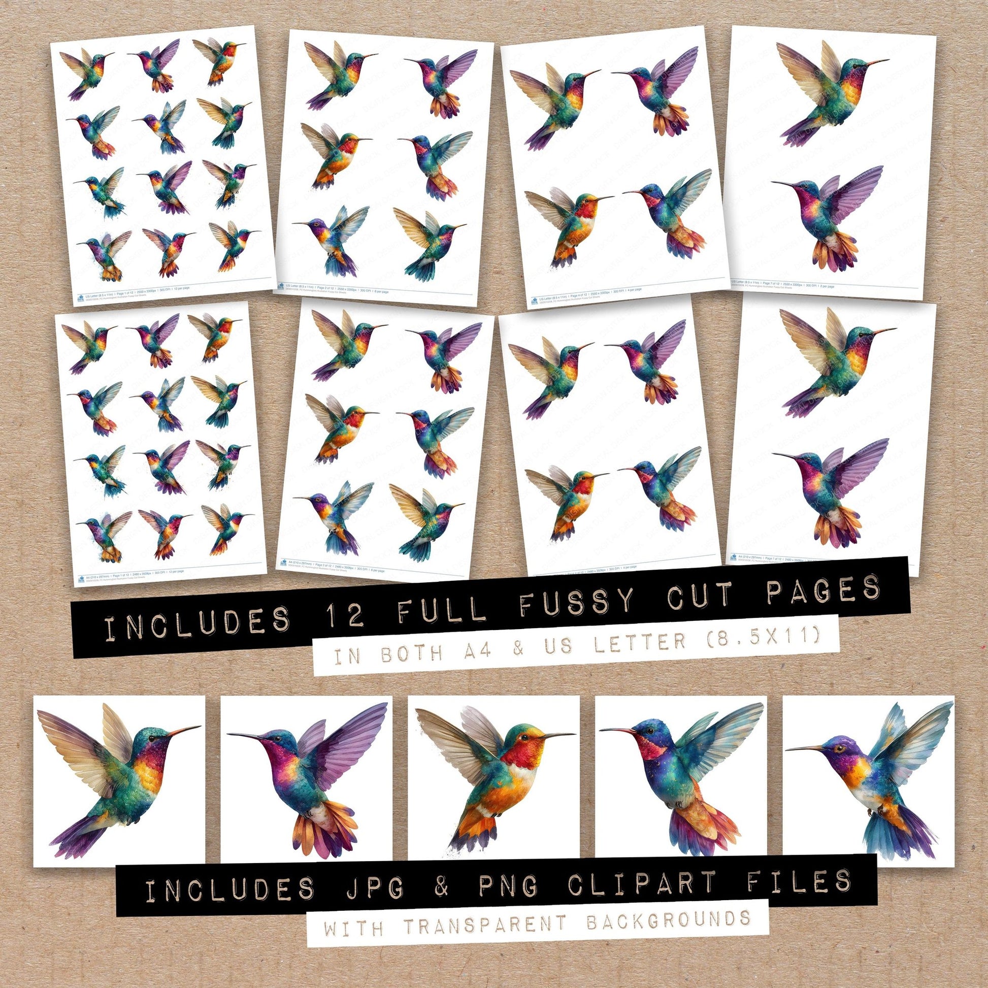 Full collection view of Hummingbird Illustration fussy cut sheets with bonus clipart JPG and PNG files