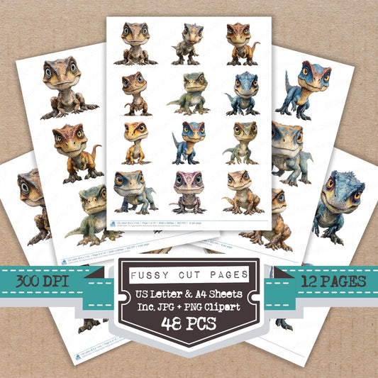Hyperrealistic Watercolour Baby Dinosaur fussy cut printable sheets for junk journaling, scrapbooking, and paper craft projects