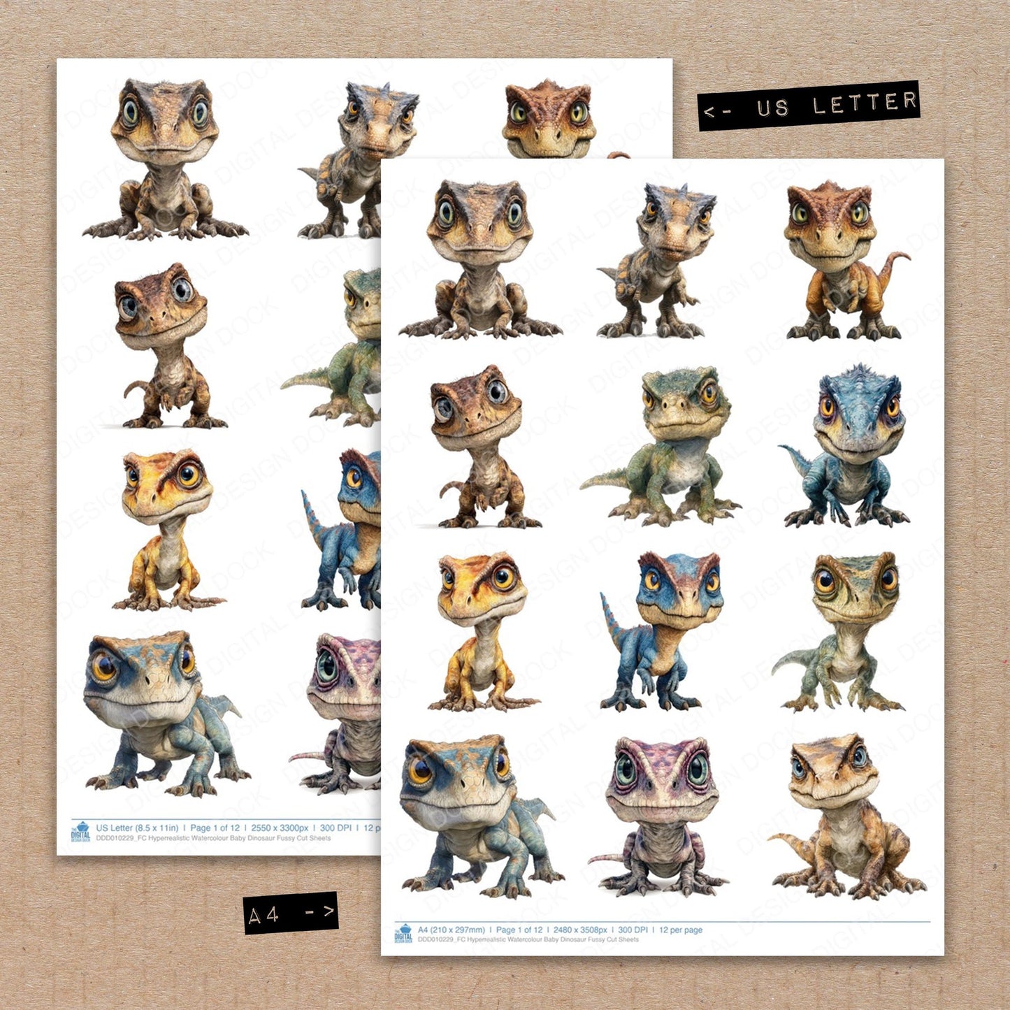 A4 and US Letter format comparison showing Hyperrealistic Watercolour Baby Dinosaur fussy cut pages for print and cut crafting