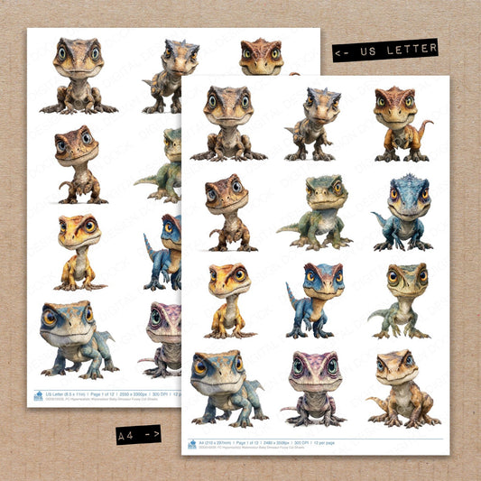 A4 and US Letter format comparison showing Hyperrealistic Watercolour Baby Dinosaur fussy cut pages for print and cut crafting