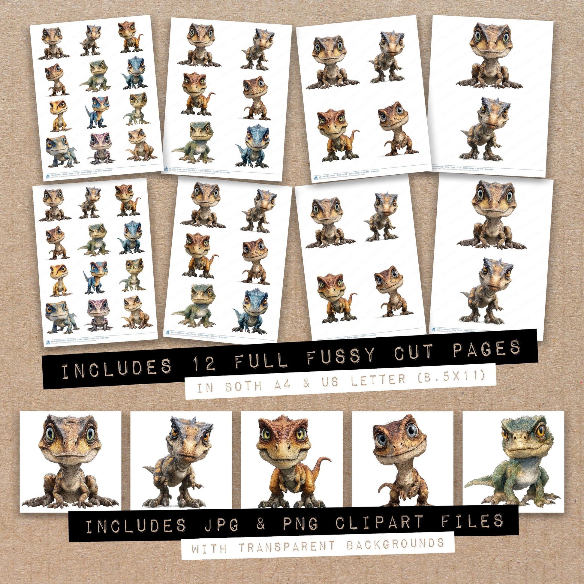 Full collection view of Hyperrealistic Watercolour Baby Dinosaur fussy cut sheets with bonus clipart JPG and PNG files