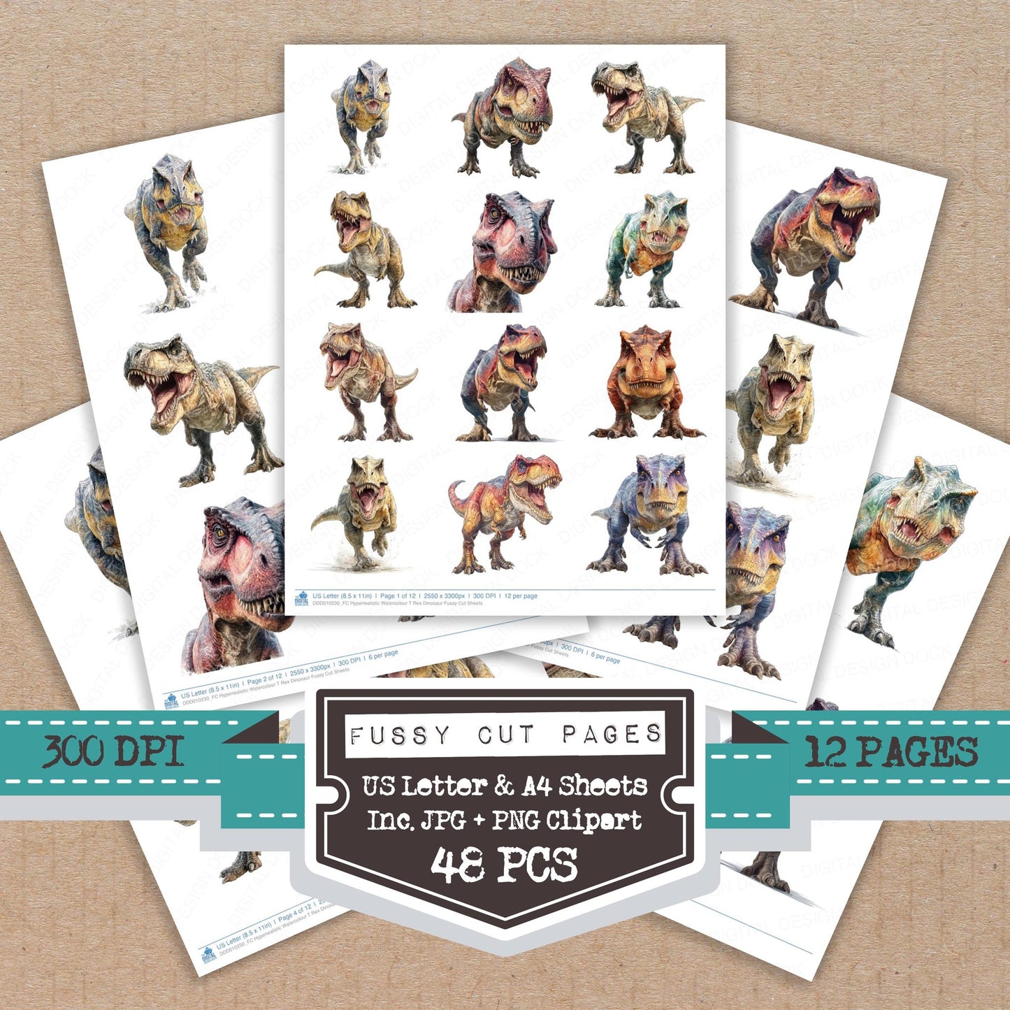 Hyperrealistic Watercolour T Rex Dinosaur fussy cut printable sheets for junk journaling, scrapbooking, and paper craft projects