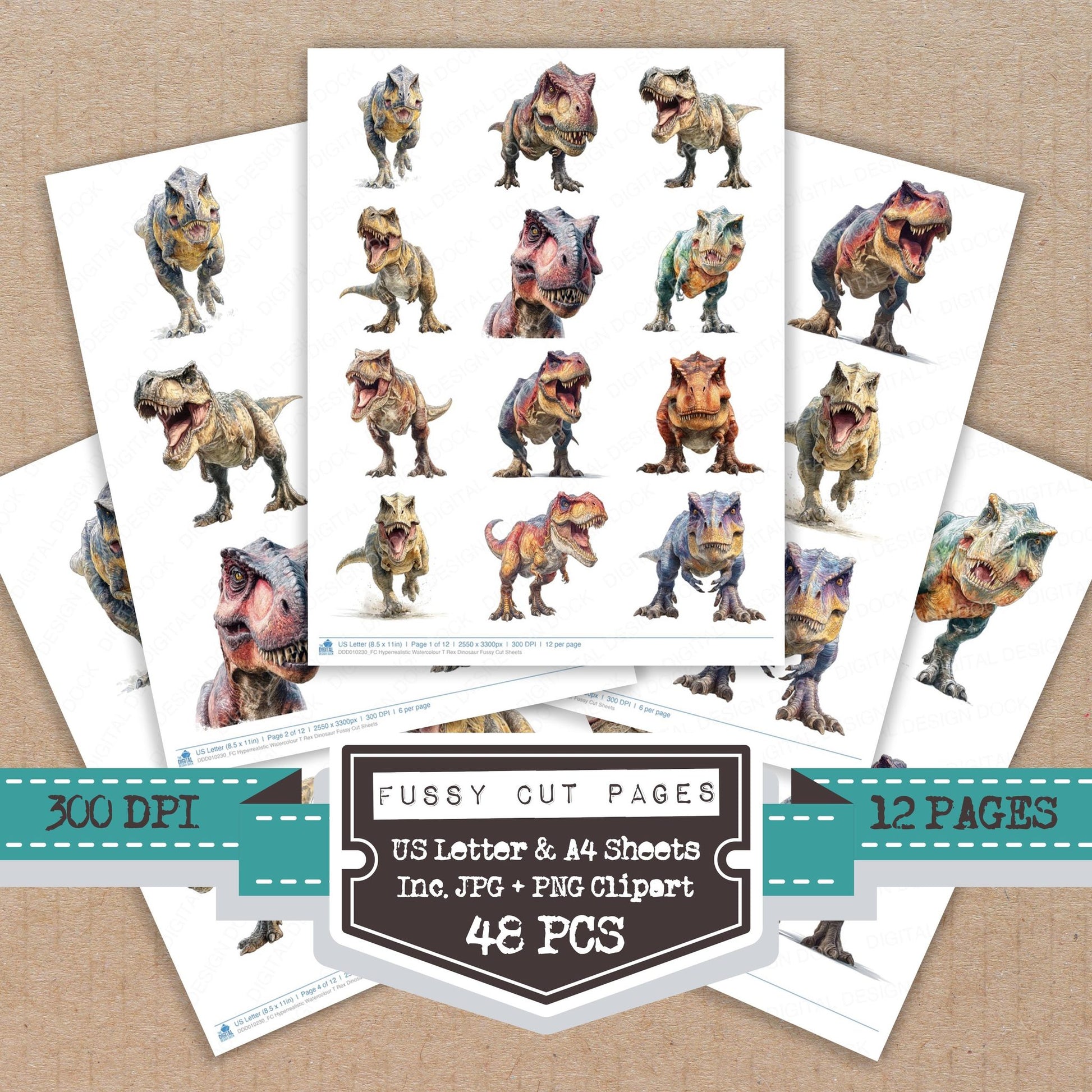 Hyperrealistic Watercolour T Rex Dinosaur fussy cut printable sheets for junk journaling, scrapbooking, and paper craft projects