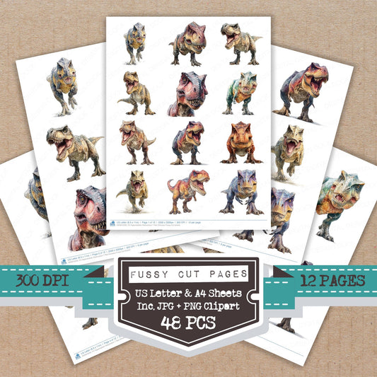Hyperrealistic Watercolour T Rex Dinosaur fussy cut printable sheets for junk journaling, scrapbooking, and paper craft projects