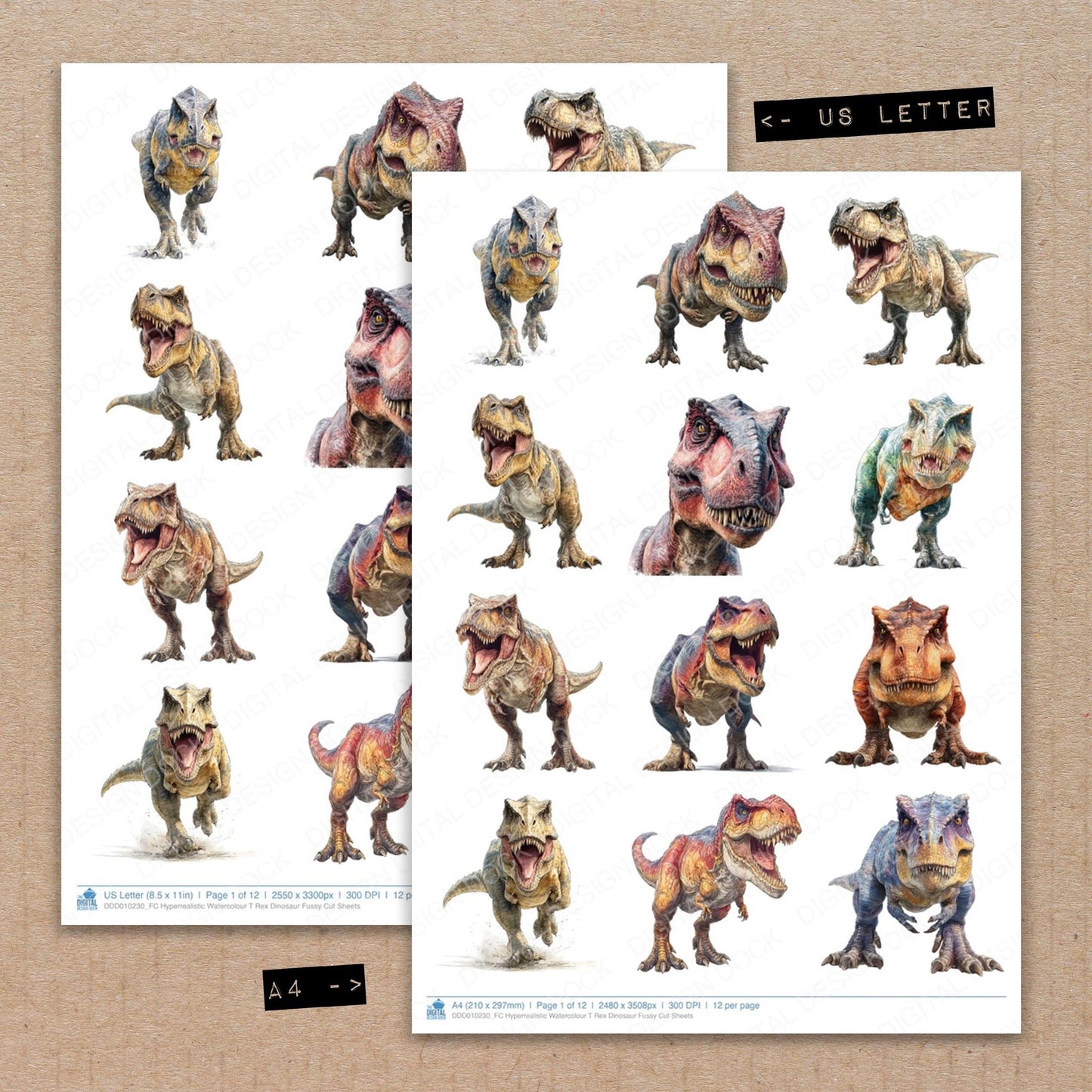 A4 and US Letter format comparison showing Hyperrealistic Watercolour T Rex Dinosaur fussy cut pages for print and cut crafting