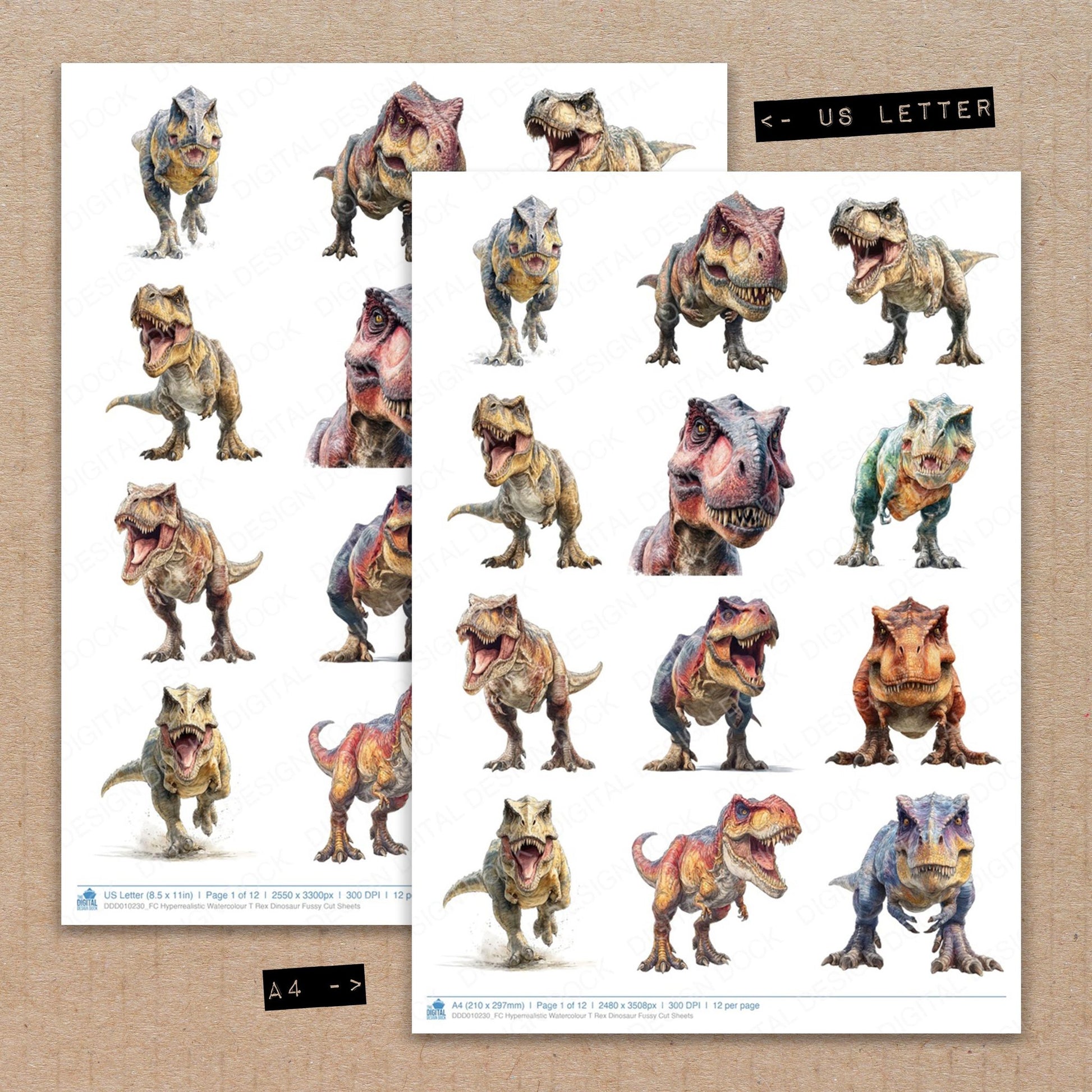 A4 and US Letter format comparison showing Hyperrealistic Watercolour T Rex Dinosaur fussy cut pages for print and cut crafting