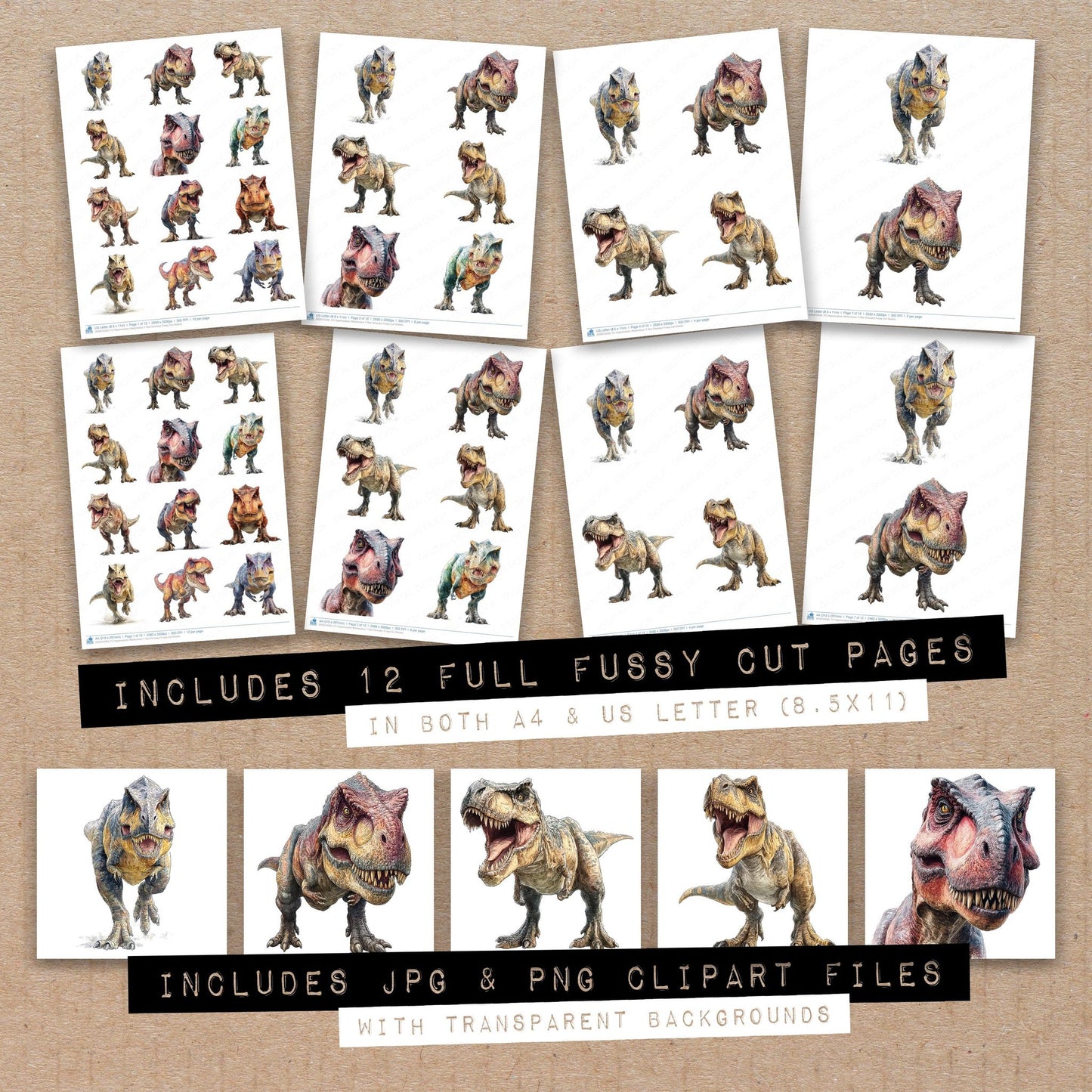 Full collection view of Hyperrealistic Watercolour T Rex Dinosaur fussy cut sheets with bonus clipart JPG and PNG files
