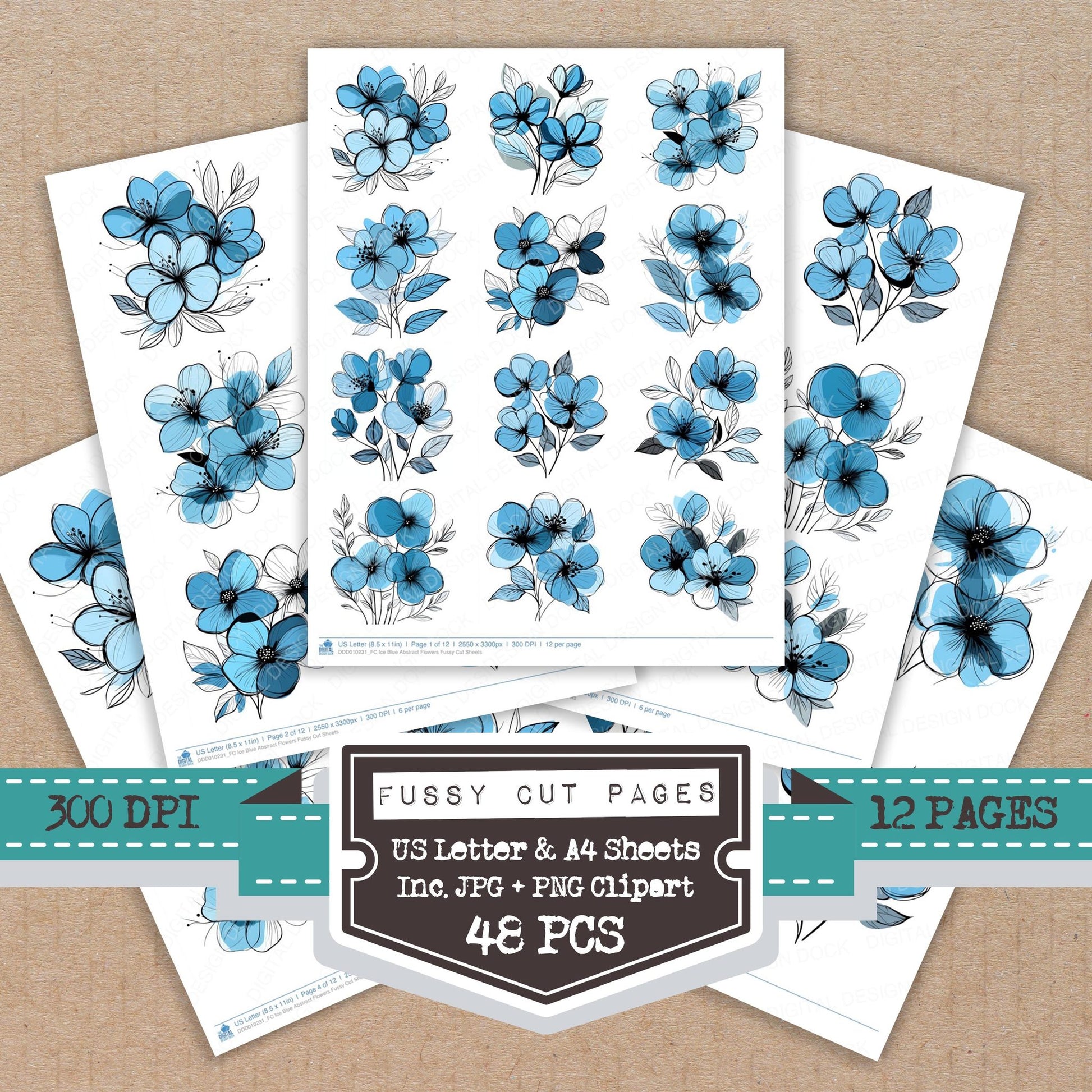 Ice Blue Abstract Flowers fussy cut printable sheets for junk journaling, scrapbooking, and paper craft projects