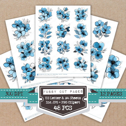 Ice Blue Abstract Flowers fussy cut printable sheets for junk journaling, scrapbooking, and paper craft projects