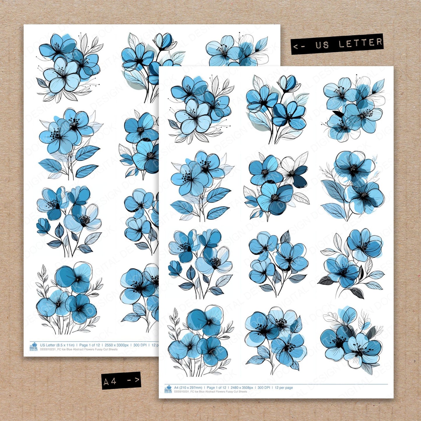 A4 and US Letter format comparison showing Ice Blue Abstract Flowers fussy cut pages for print and cut crafting