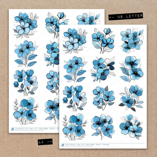 A4 and US Letter format comparison showing Ice Blue Abstract Flowers fussy cut pages for print and cut crafting