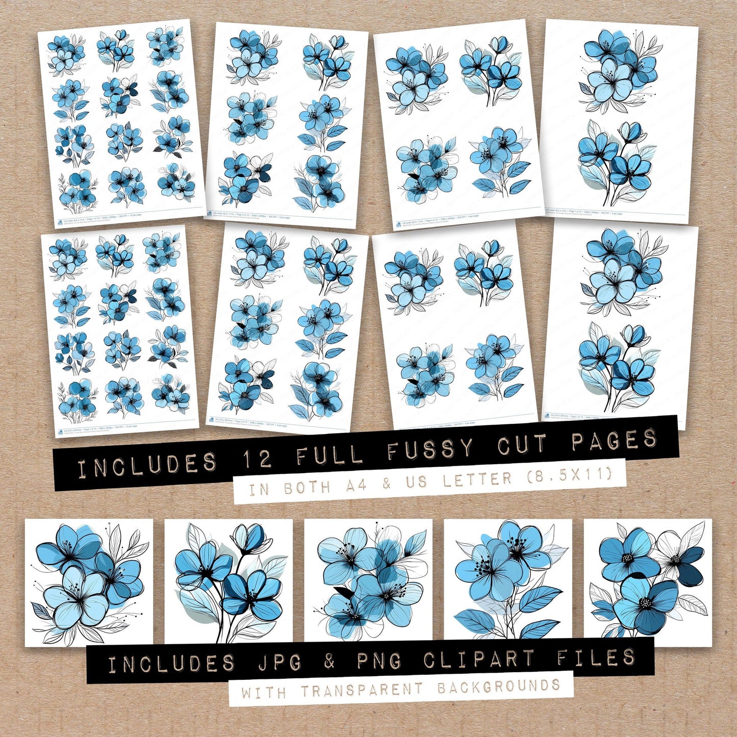 Full collection view of Ice Blue Abstract Flowers fussy cut sheets with bonus clipart JPG and PNG files