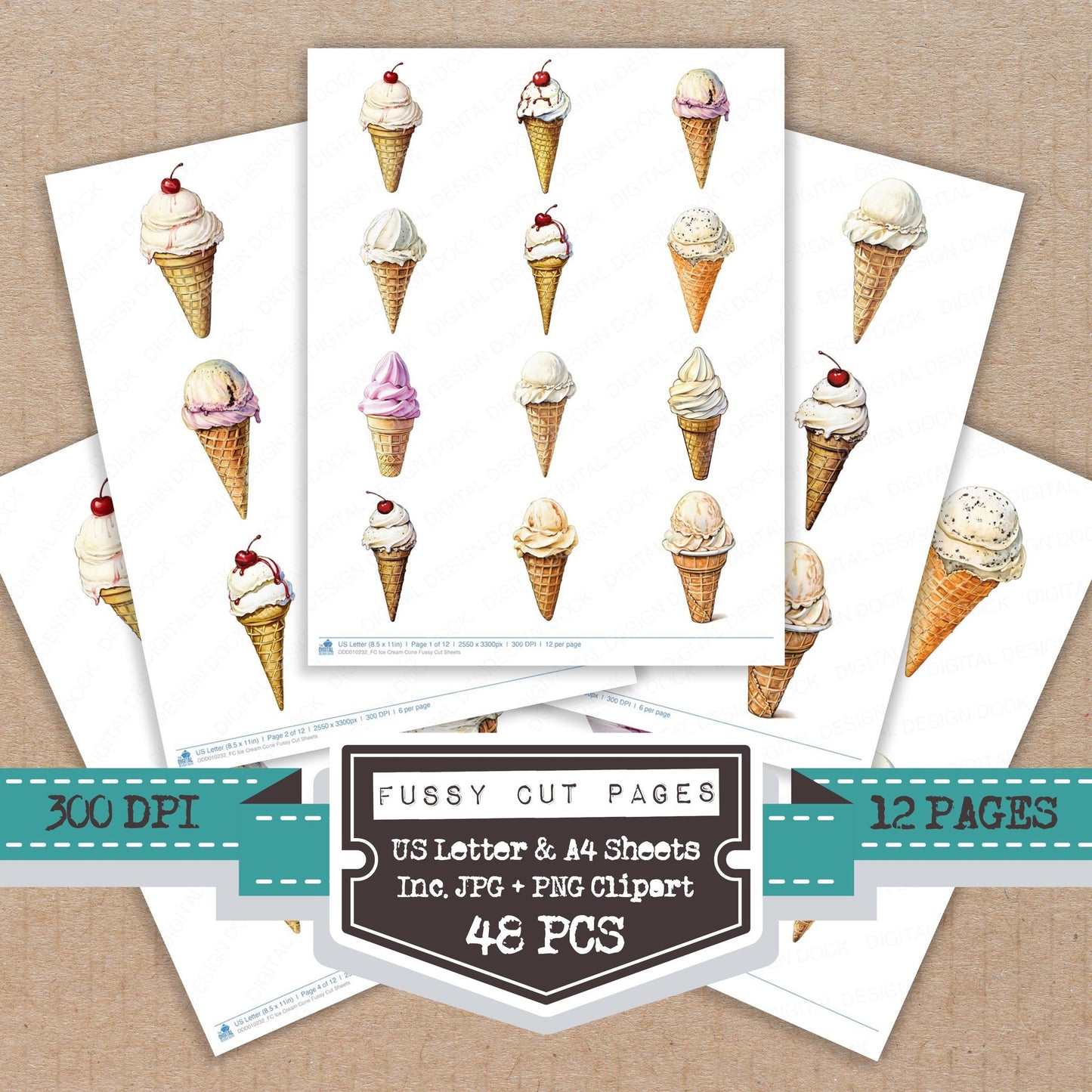 Ice Cream Cone fussy cut printable sheets for junk journaling, scrapbooking, and paper craft projects