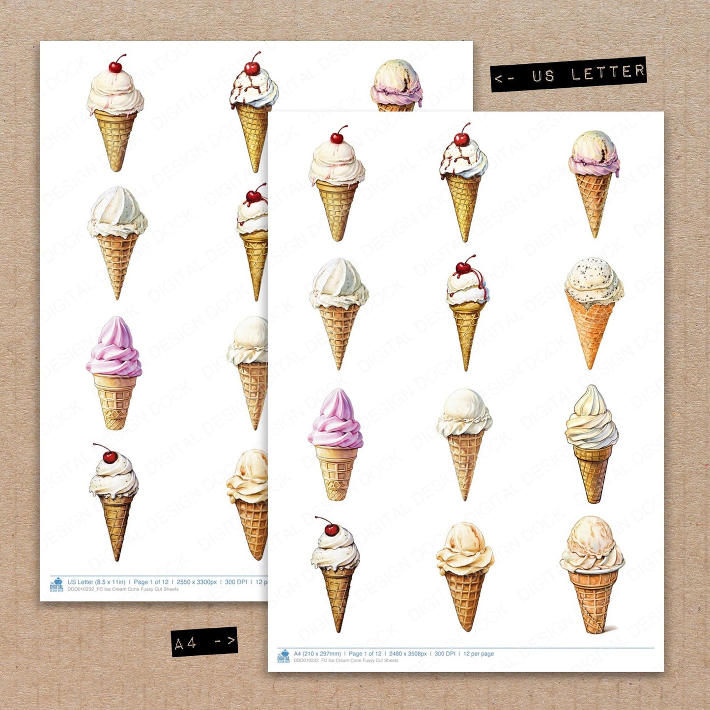 A4 and US Letter format comparison showing Ice Cream Cone fussy cut pages for print and cut crafting