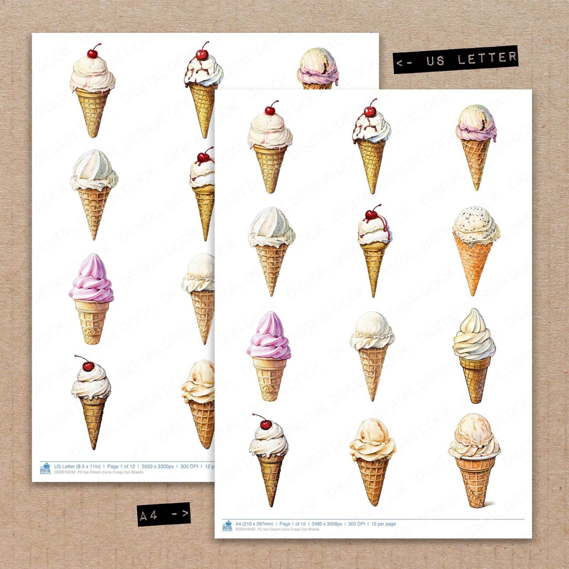 A4 and US Letter format comparison showing Ice Cream Cone fussy cut pages for print and cut crafting