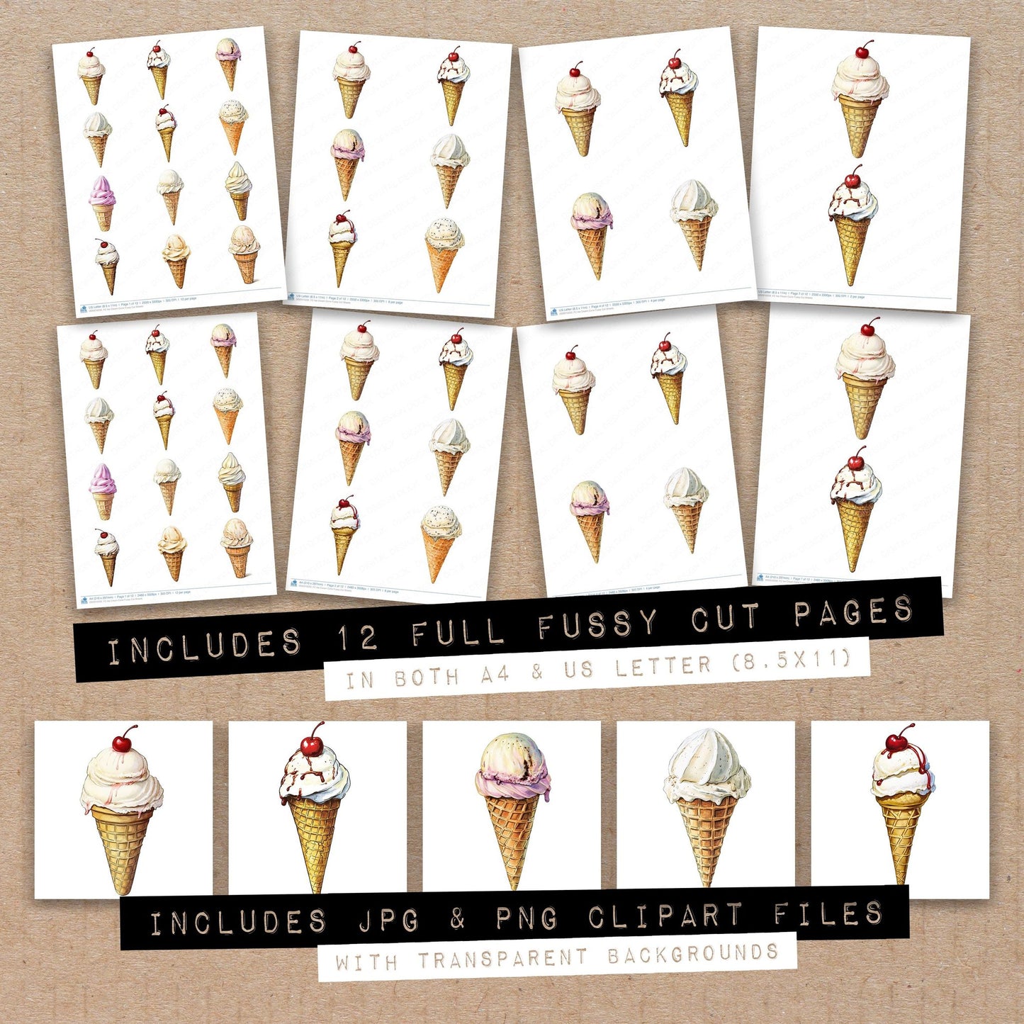 Full collection view of Ice Cream Cone fussy cut sheets with bonus clipart JPG and PNG files