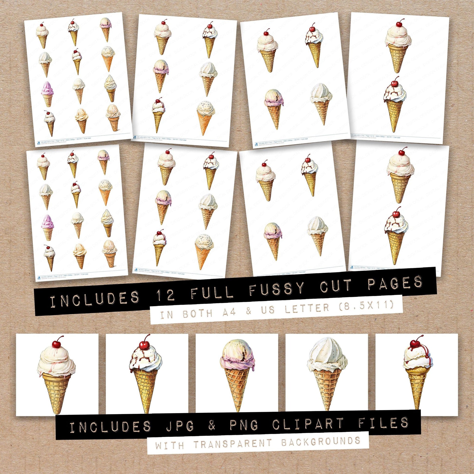 Full collection view of Ice Cream Cone fussy cut sheets with bonus clipart JPG and PNG files